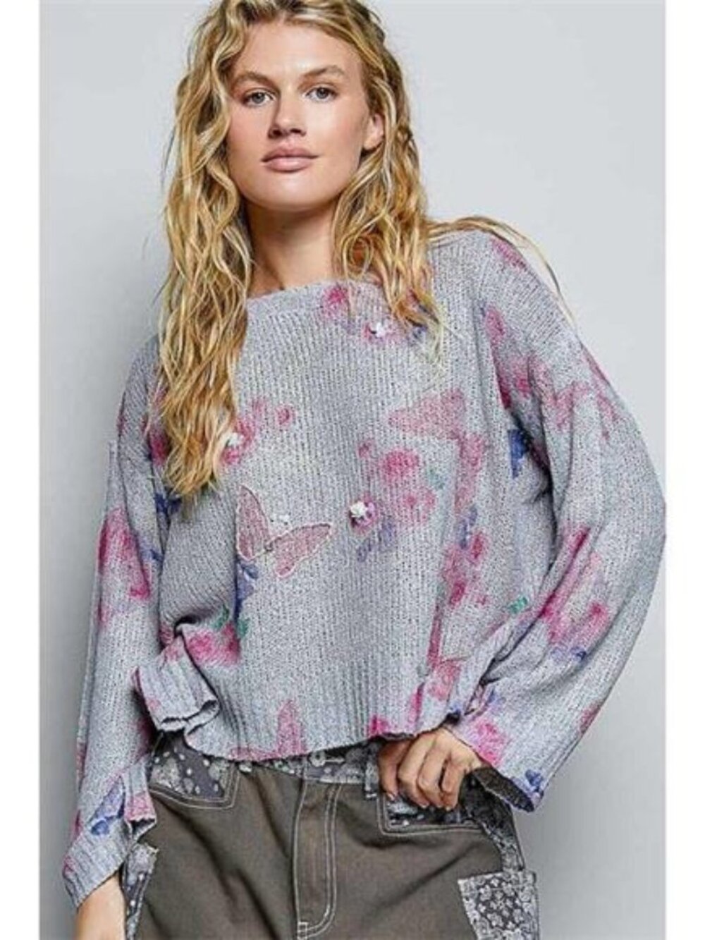POL Ribbed Butterfly Print Round Neck Knit Top - Picture 2 of 5